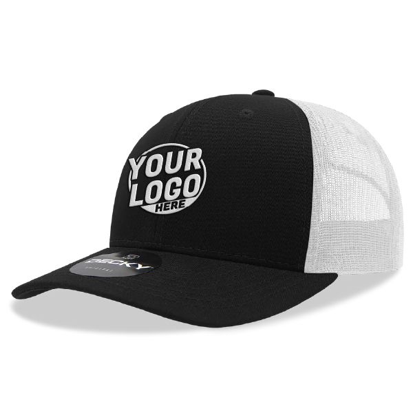 6021 Classic Trucker 6 Panel Mid Profile Structured Cotton / Poly Snap Back Trucker Black White Hat 00300