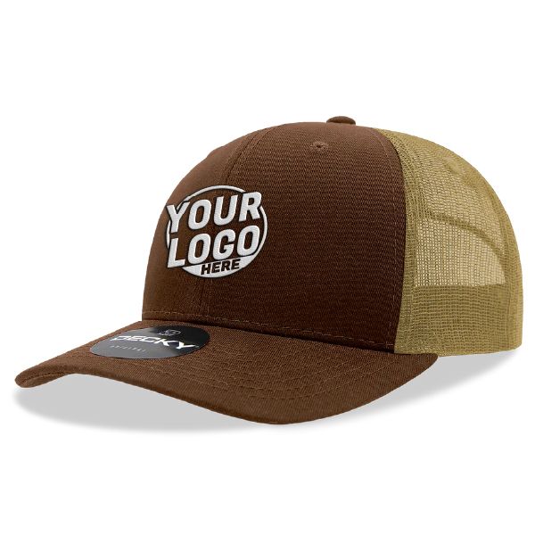6021 Classic Trucker 6 Panel Mid Profile Structured Cotton / Poly Snap Back Trucker Brown Khaki Hat 00304