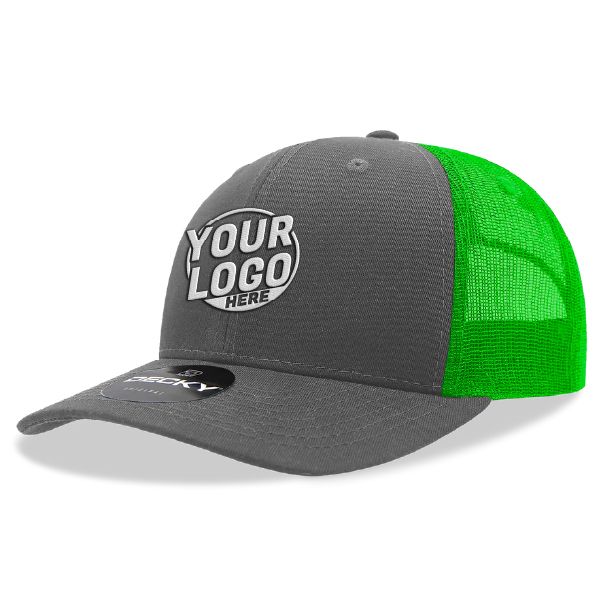 6021 Classic Trucker 6 Panel Mid Profile Structured Cotton / Poly Snap Back Trucker Charcoal Neon Green Hat 00320