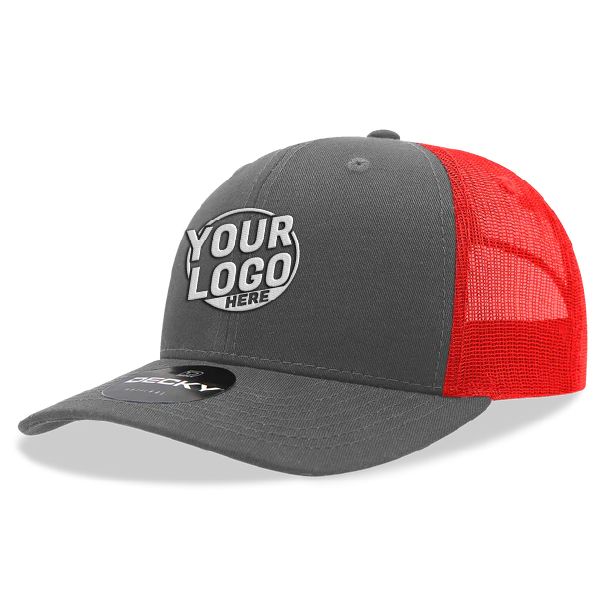 6021 Classic Trucker 6 Panel Mid Profile Structured Cotton / Poly Snap Back Trucker Charcoal Red Hat 00332