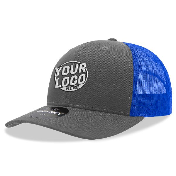 6021 Classic Trucker 6 Panel Mid Profile Structured Cotton / Poly Snap Back Trucker Charcoal Neon Blue Hat 00318