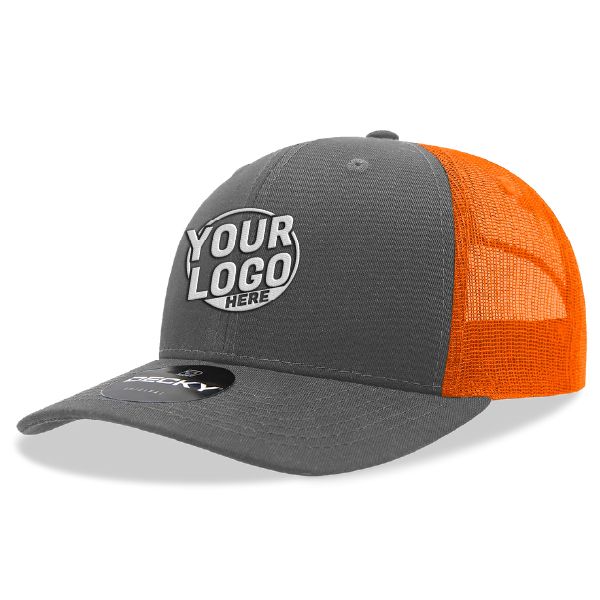 6021 Classic Trucker 6 Panel Mid Profile Structured Cotton / Poly Snap Back Trucker Charcoal Neon Orange Hat 00322