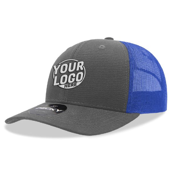 6021 Classic Trucker 6 Panel Mid Profile Structured Cotton / Poly Snap Back Trucker Charcoal Royal Blue Hat 00334