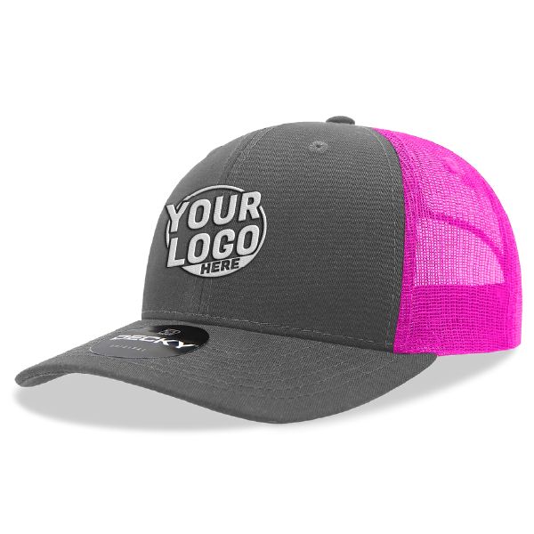 6021 Classic Trucker 6 Panel Mid Profile Structured Cotton / Poly Snap Back Trucker Charcoal Neon Pink Hat 00324