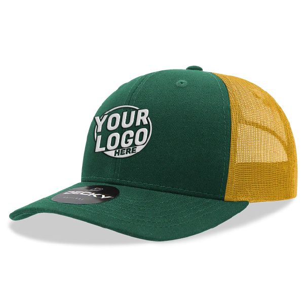 6021 Classic Trucker 6 Panel Mid Profile Structured Cotton / Poly Snap Back Trucker Forest Gold Hat 00340