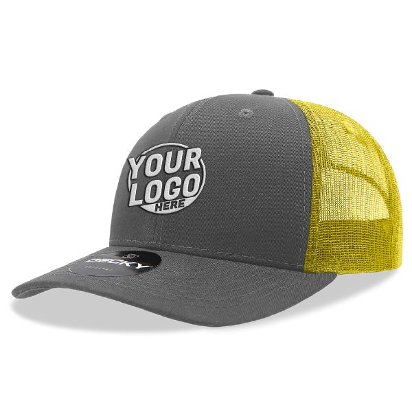 6021 Classic Trucker 6 Panel Mid Profile Structured Cotton / Poly Snap Back Trucker Charcoal Neon Yellow Hat 00328