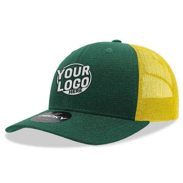 6021 Classic Trucker 6 Panel Mid Profile Structured Cotton / Poly Snap Back Trucker Forest Yellow Hat 00344