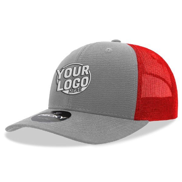 6021 Classic Trucker 6 Panel Mid Profile Structured Cotton / Poly Snap Back Trucker Gray Red Hat 00348