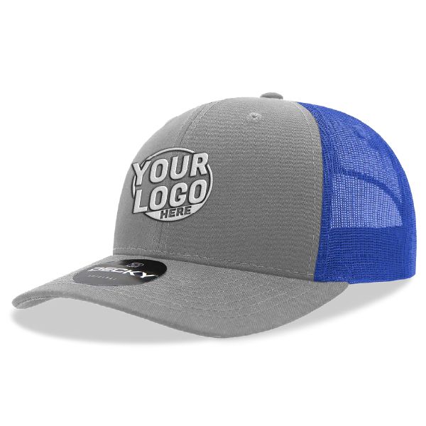 6021 Classic Trucker 6 Panel Mid Profile Structured Cotton / Poly Snap Back Trucker Gray Royal Blue  Hat 350