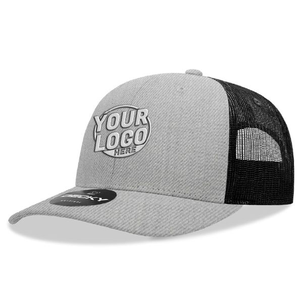 6021 Classic Trucker 6 Panel Mid Profile Structured Cotton / Poly Snap Back Trucker Heather Gray Black  Hat 354