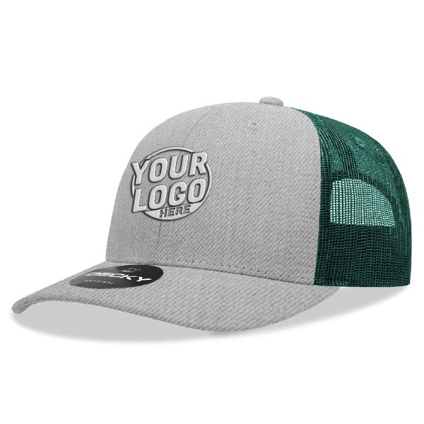 6021 Classic Trucker 6 Panel Mid Profile Structured Cotton / Poly Snap Back Trucker Heather Gray Forest Hat 356