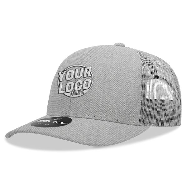 6021 Classic Trucker 6 Panel Mid Profile Structured Cotton / Poly Snap Back Trucker Heather Gray Light Gray Hat 358