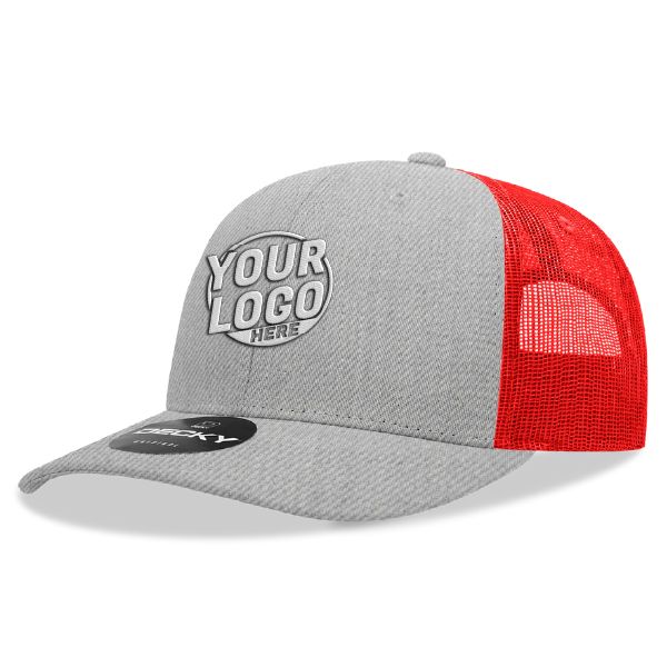 6021 Classic Trucker 6 Panel Mid Profile Structured Cotton / Poly Snap Back Trucker Heather Gray Red Hat 362