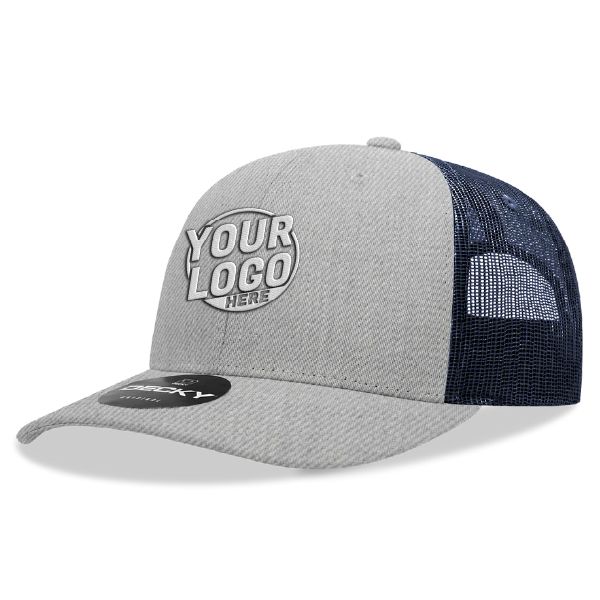 6021 Classic Trucker 6 Panel Mid Profile Structured Cotton / Poly Snap Back Trucker Heather Gray Navy Blue Hat 360