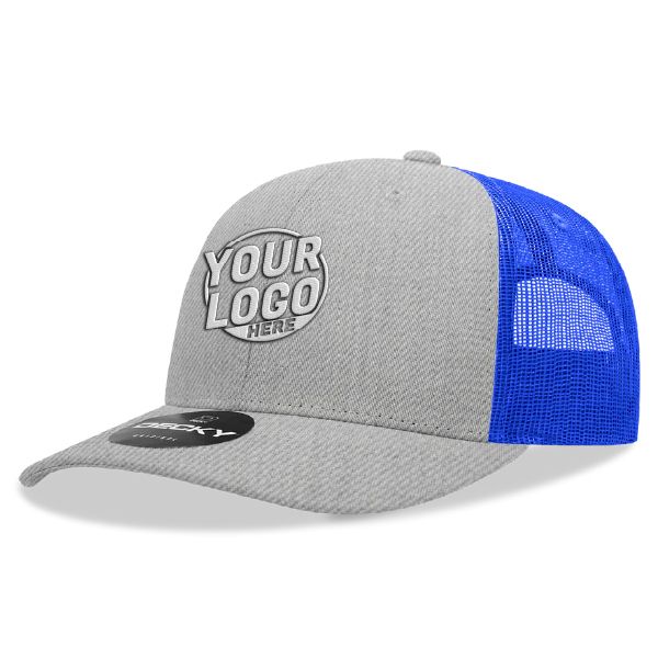 6021 Classic Trucker 6 Panel Mid Profile Structured Cotton / Poly Snap Back Trucker Heather Gray Royal Blue Hat 364