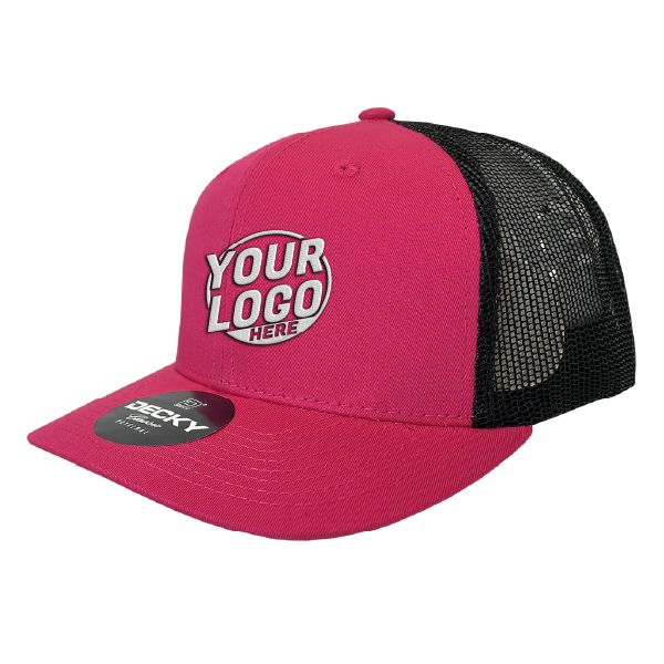 6021 Classic Trucker 6 Panel Mid Profile Structured Cotton / Poly Snap Back Trucker Hot Pink Black Hat 366