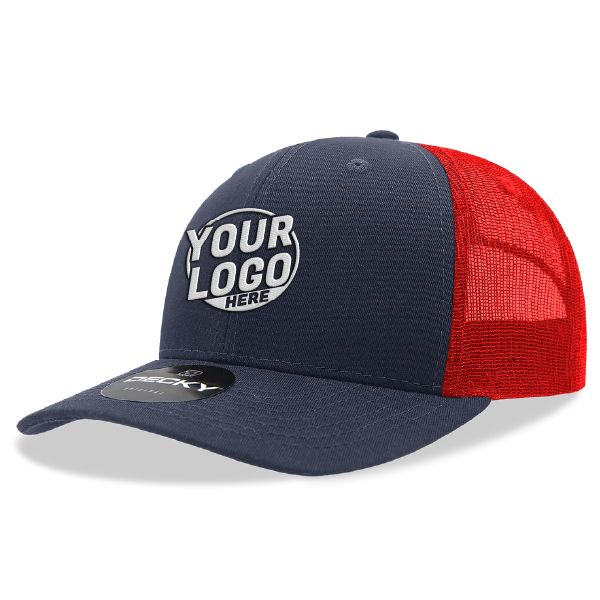 6021 Classic Trucker 6 Panel Mid Profile Structured Cotton / Poly Snap Back Trucker Navy Blue Red Hat 392