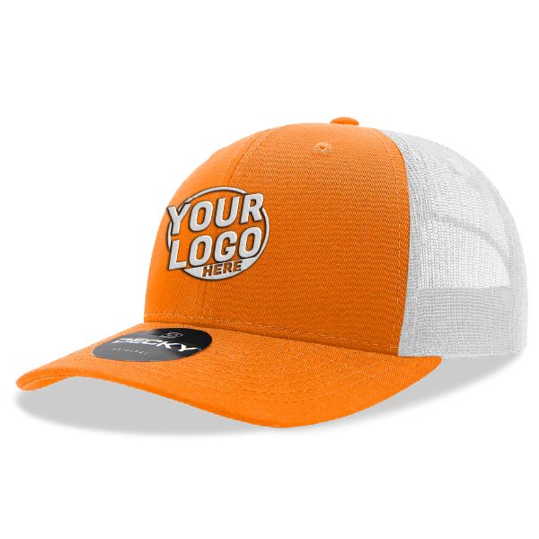 6021 Classic Trucker 6 Panel Mid Profile Structured Cotton / Poly Snap Back Trucker Orange White Hat 400