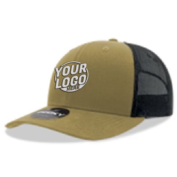 6021 Classic Trucker 6 Panel Mid Profile Structured Cotton / Poly Snap Back Trucker Khaki Black Hat 374