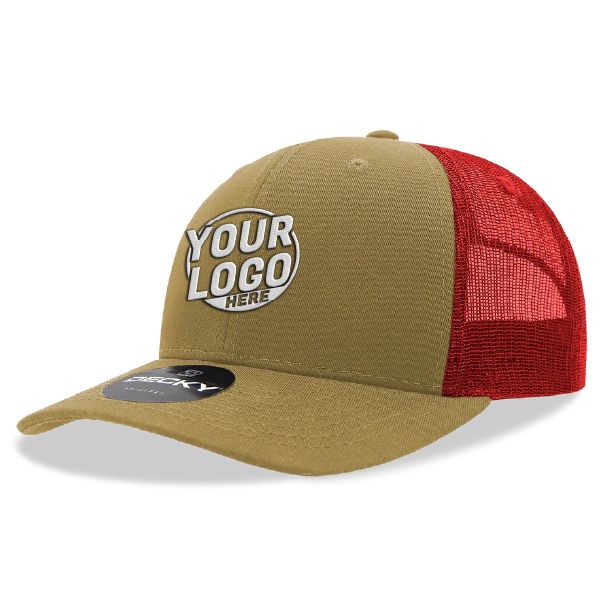6021 Classic Trucker 6 Panel Mid Profile Structured Cotton / Poly Snap Back Trucker Khaki Cardinal Hat 378