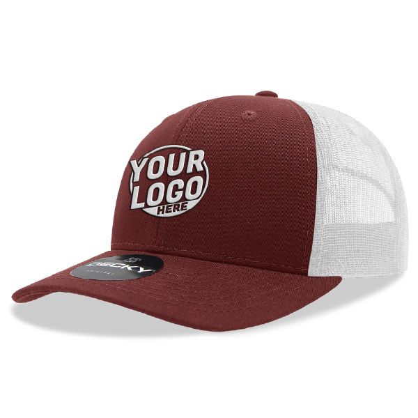 6021 Classic Trucker 6 Panel Mid Profile Structured Cotton / Poly Snap Back Trucker Maroon White Hat 386
