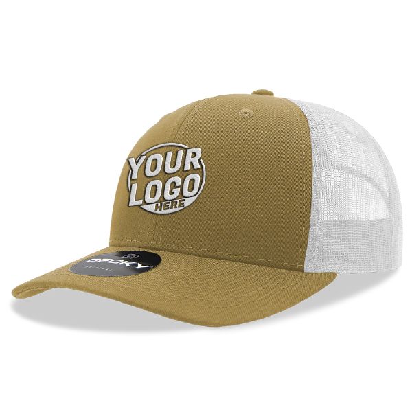 6021 Classic Trucker 6 Panel Mid Profile Structured Cotton / Poly Snap Back Trucker Khaki White Hat 382