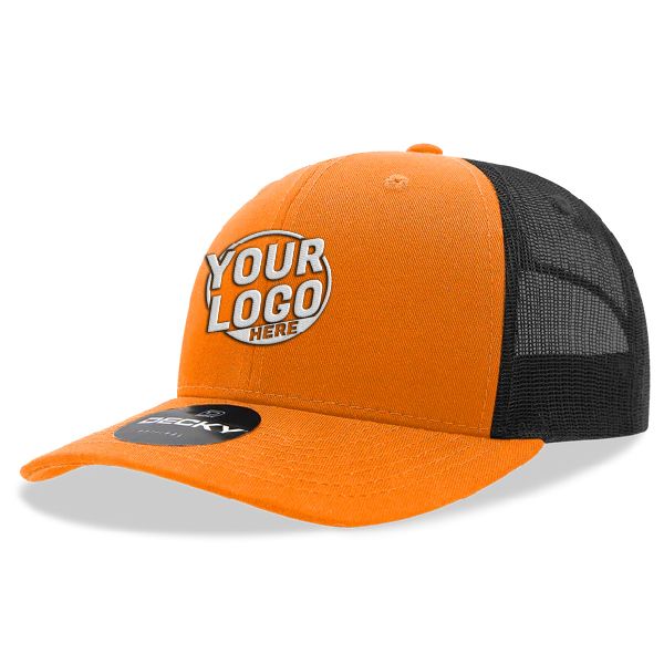 6021 Classic Trucker 6 Panel Mid Profile Structured Cotton / Poly Snap Back Trucker Orange Black Hat 398