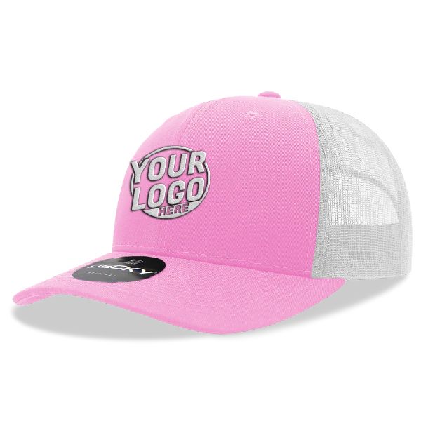 6021 Classic Trucker 6 Panel Mid Profile Structured Cotton / Poly Snap Back Trucker Pink White Hat 402