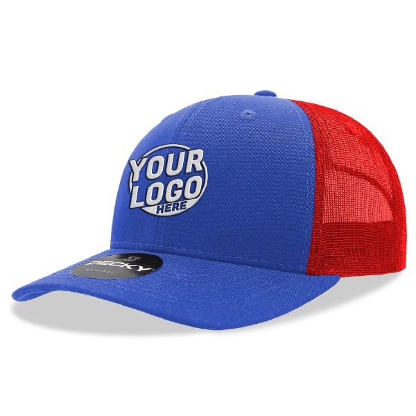 6021 Classic Trucker 6 Panel Mid Profile Structured Cotton / Poly Snap Back Trucker Royal Blue Red Hat 414