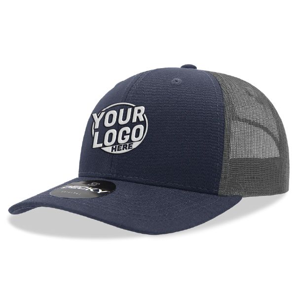 6021 Classic Trucker 6 Panel Mid Profile Structured Cotton / Poly Snap Back Trucker Navy Blue Charcoal Hat 388