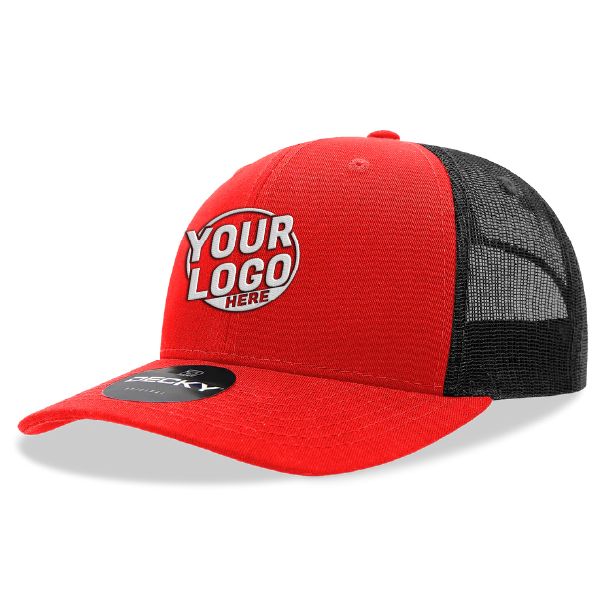 6021 Classic Trucker 6 Panel Mid Profile Structured Cotton / Poly Snap Back Trucker Red Black Hat 408