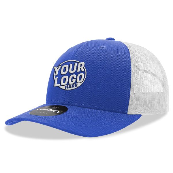 6021 Classic Trucker 6 Panel Mid Profile Structured Cotton / Poly Snap Back Trucker Royal Blue White Hat 416