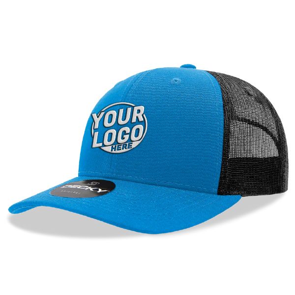 6021 Classic Trucker 6 Panel Mid Profile Structured Cotton / Poly Snap Back Trucker Sky Blue Black Hat 418