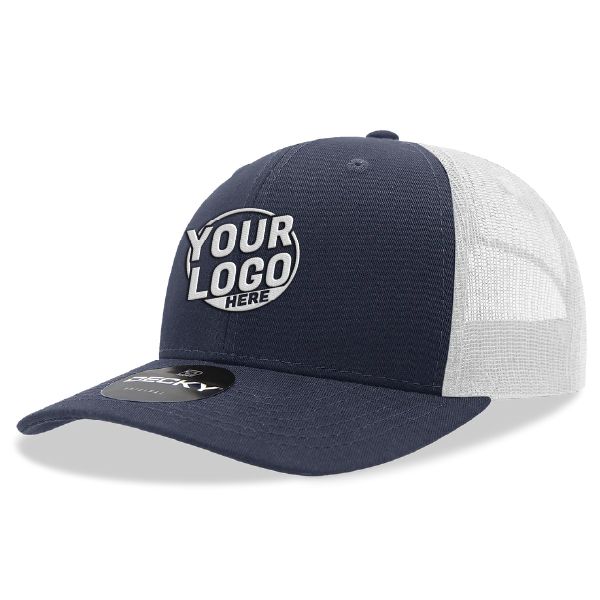 6021 Classic Trucker 6 Panel Mid Profile Structured Cotton / Poly Snap Back Trucker Navy Blue White Hat 394