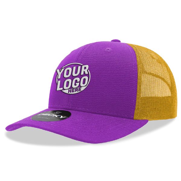 6021 Classic Trucker 6 Panel Mid Profile Structured Cotton / Poly Snap Back Trucker Purple Gold Hat 404