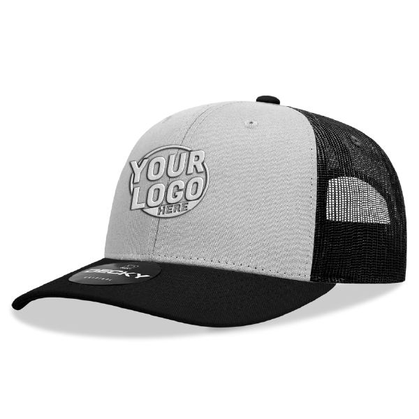 6021 Classic Trucker 6 Panel Mid Profile Structured Cotton / Poly Snap Back Trucker Black Gray Black Hat 424