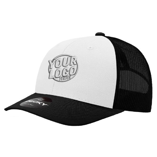 6021 Classic Trucker 6 Panel Mid Profile Structured Cotton / Poly Snap Back Trucker Black White Black Hat 426