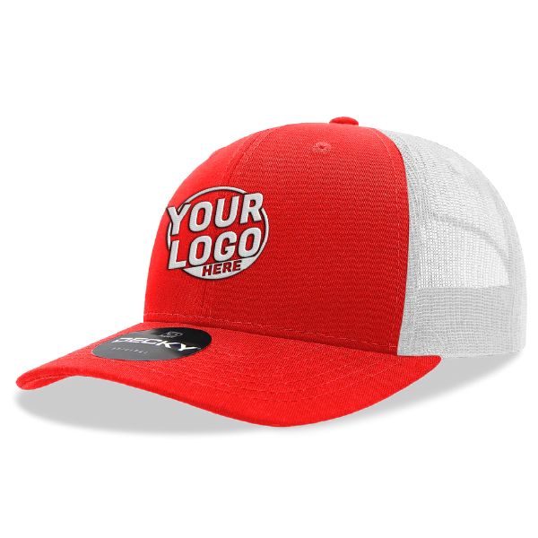 6021 Classic Trucker 6 Panel Mid Profile Structured Cotton / Poly Snap Back Trucker Red White Hat 410