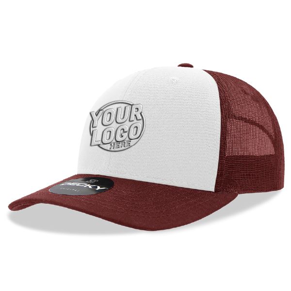 6021 Classic Trucker 6 Panel Mid Profile Structured Cotton / Poly Snap Back Trucker Maroon White Maroon Hat 432