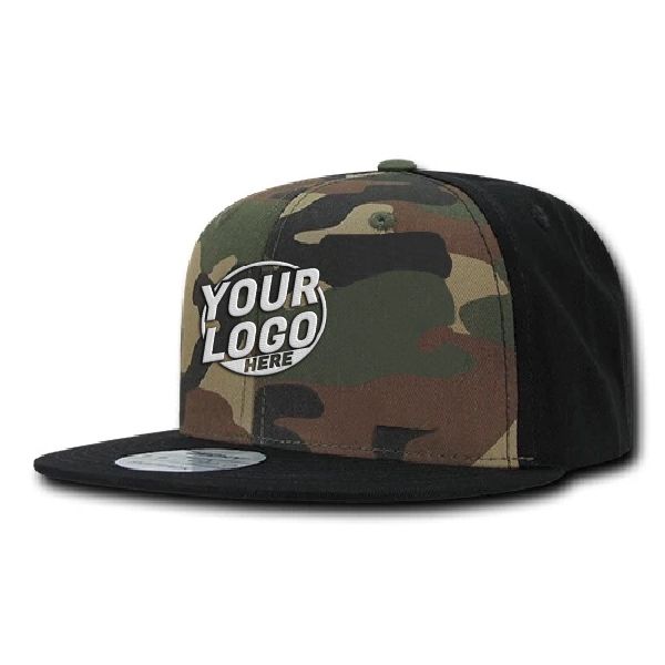 1049 Baseball 6 Panel High Profile Structured Acrylic / Polyester Flat Bill Snap Back Black Woodland Black Hat 448