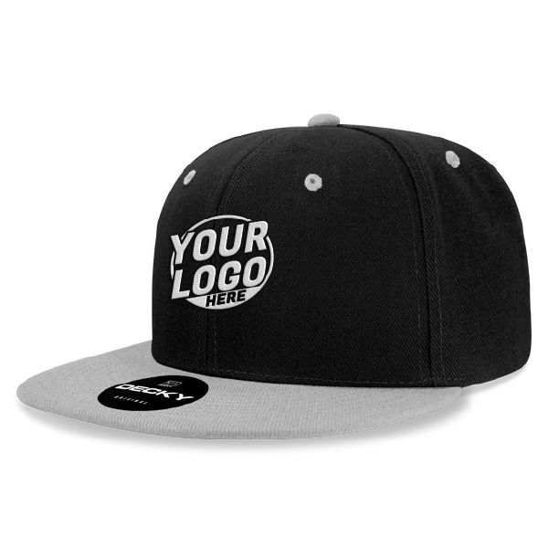 6020 Baseball 6 Panel High Profile Structured Acrylic / Polyester Flat Bill Snap Back Black Gray Hat 508