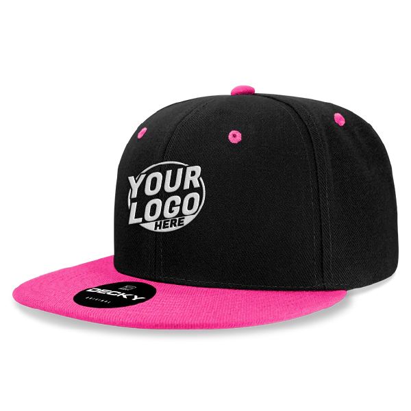 6020 Baseball 6 Panel High Profile Structured Acrylic / Polyester Flat Bill Snap Back Black Hot Pink Hat 510