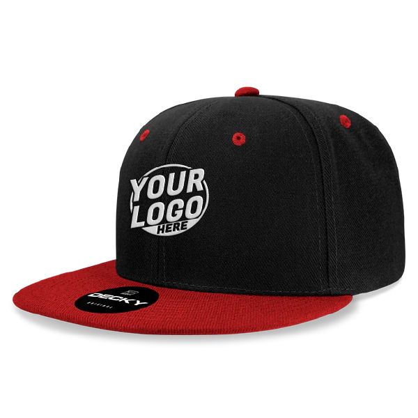 6020 Baseball 6 Panel High Profile Structured Acrylic / Polyester Flat Bill Snap Back Black Red Hat 516