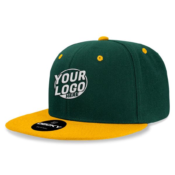 6020 Baseball 6 Panel High Profile Structured Acrylic / Polyester Flat Bill Snap Back Forest Gold Hat 526