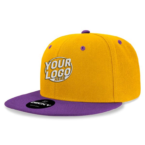 6020 Baseball 6 Panel High Profile Structured Acrylic / Polyester Flat Bill Snap Back Gold Purple Hat 530