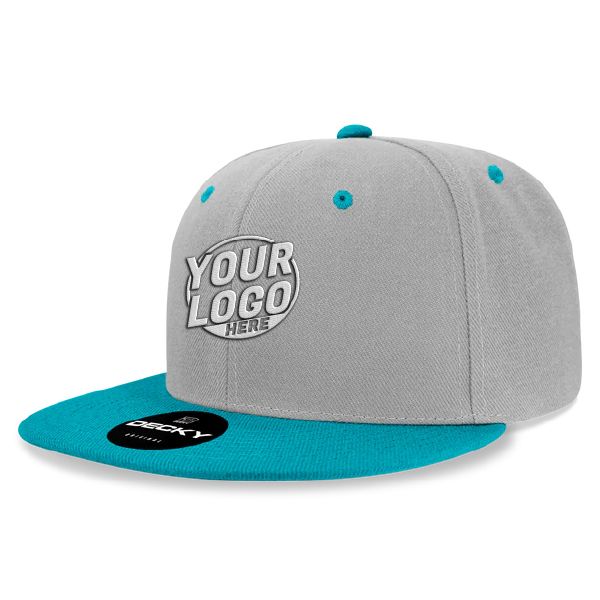 6020 Baseball 6 Panel High Profile Structured Acrylic / Polyester Flat Bill Snap Back Gray Teal Hat 538