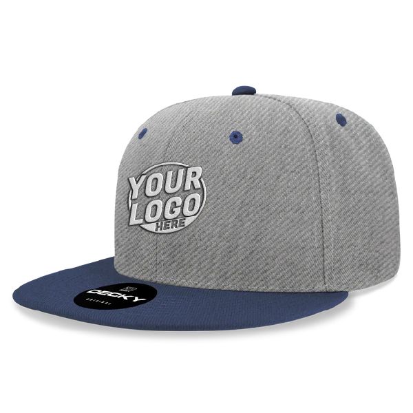 6020 Baseball 6 Panel High Profile Structured Acrylic / Polyester Flat Bill Snap Back Heather Gray Navy Blue Hat 542