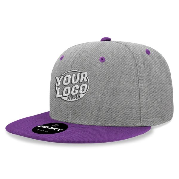 6020 Baseball 6 Panel High Profile Structured Acrylic / Polyester Flat Bill Snap Back Heather Gray Purple Hat 544