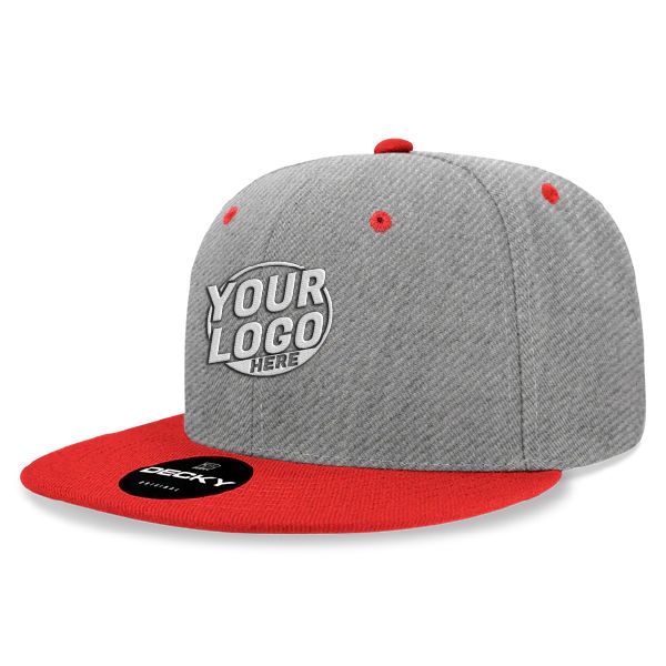 6020 Baseball 6 Panel High Profile Structured Acrylic / Polyester Flat Bill Snap Back Heather Gray Red Hat 546