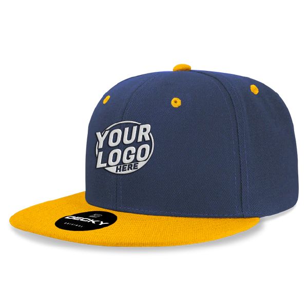 6020 Baseball 6 Panel High Profile Structured Acrylic / Polyester Flat Bill Snap Back Navy Blue Gold Hat 558
